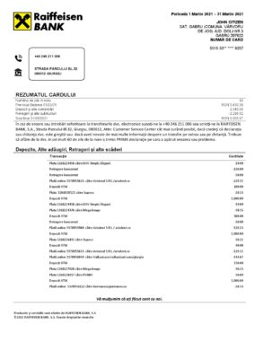 Romania Raiffeisen bank statement template in Word and PDF format (in Romanian language)