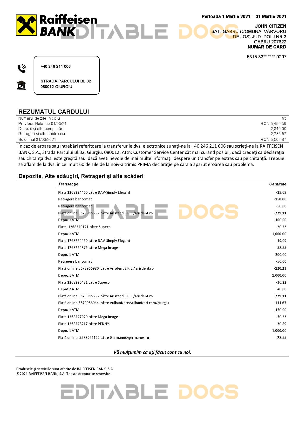 Romania Raiffeisen bank statement template in Word and PDF format (in Romanian language)