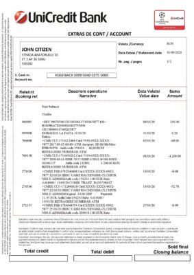 Romania UniCredit Bank statement template in Word and PDF format (2 pages) in Romanian and English languages