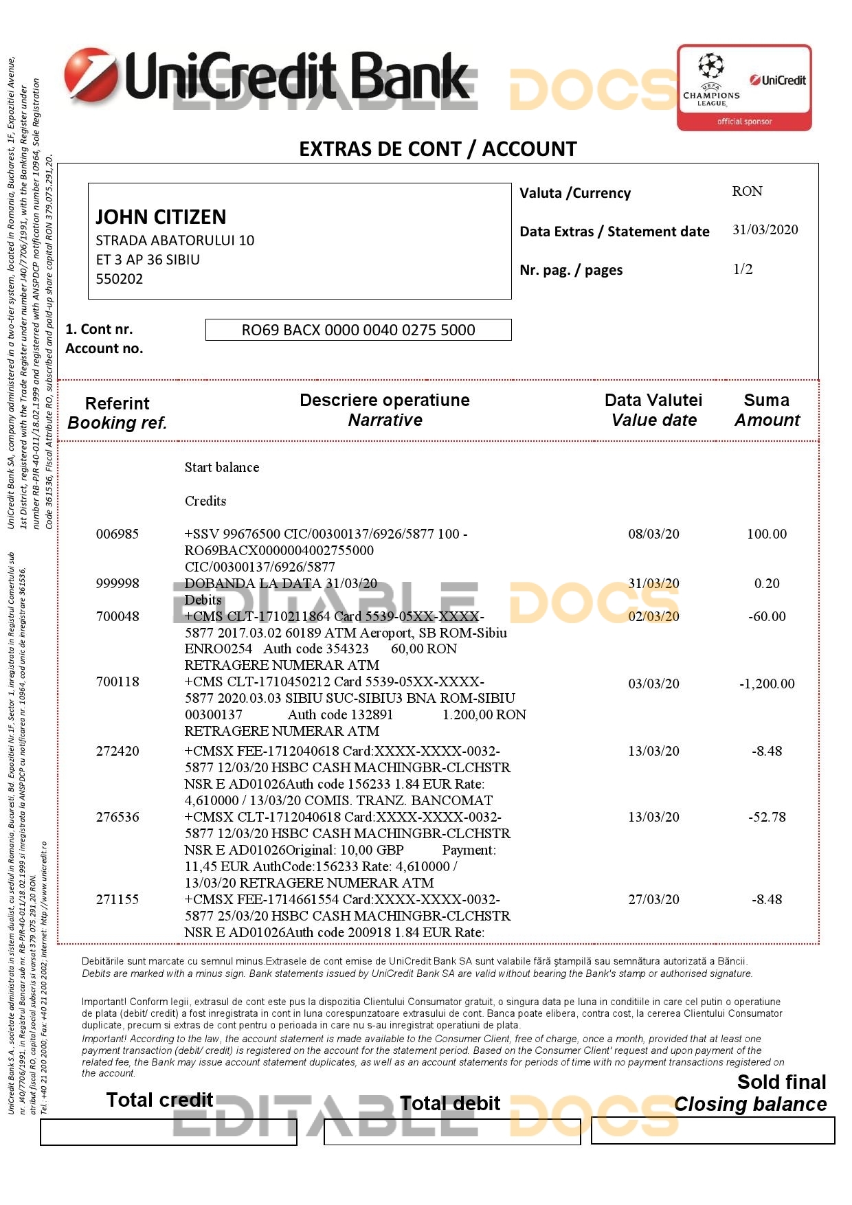 Romania UniCredit Bank statement template in Word and PDF format (2 pages) in Romanian and English languages