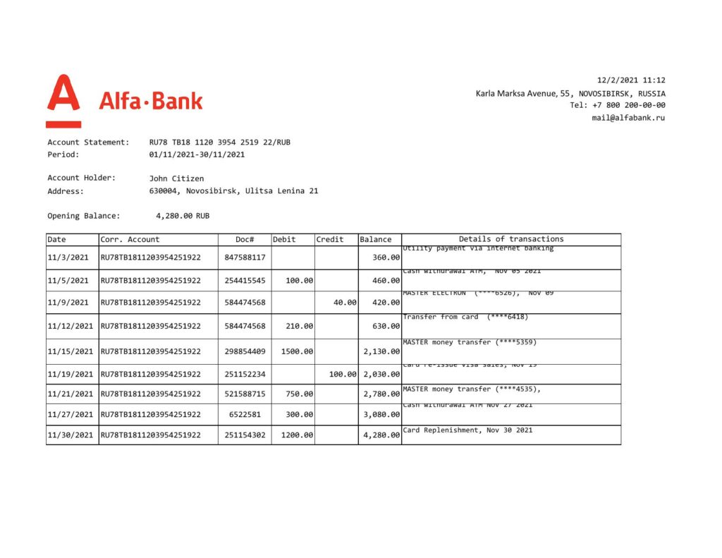 Russia Alfa bank statement easy to fill template in .xls and .pdf file format