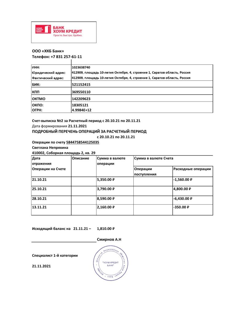 Russia Home Credit bank statement easy to fill template in .xls and .pdf file format