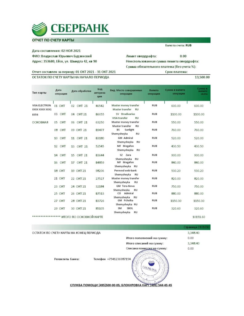 Russia Sberbank bank statement easy to fill template in Excel and PDF format