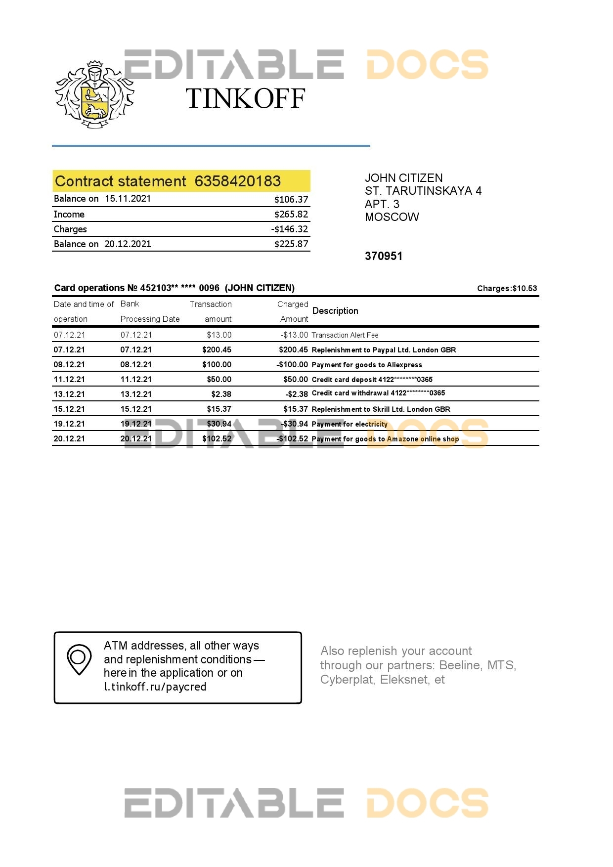 Russia Tinkoff bank proof of address statement (English version) template in Excel and PDF format