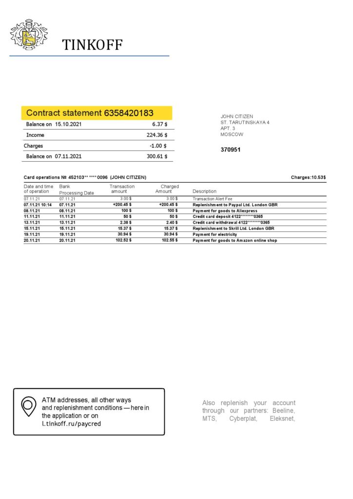 Russia Tinkoff bank proof of address statement (English version) template in Word and PDF format