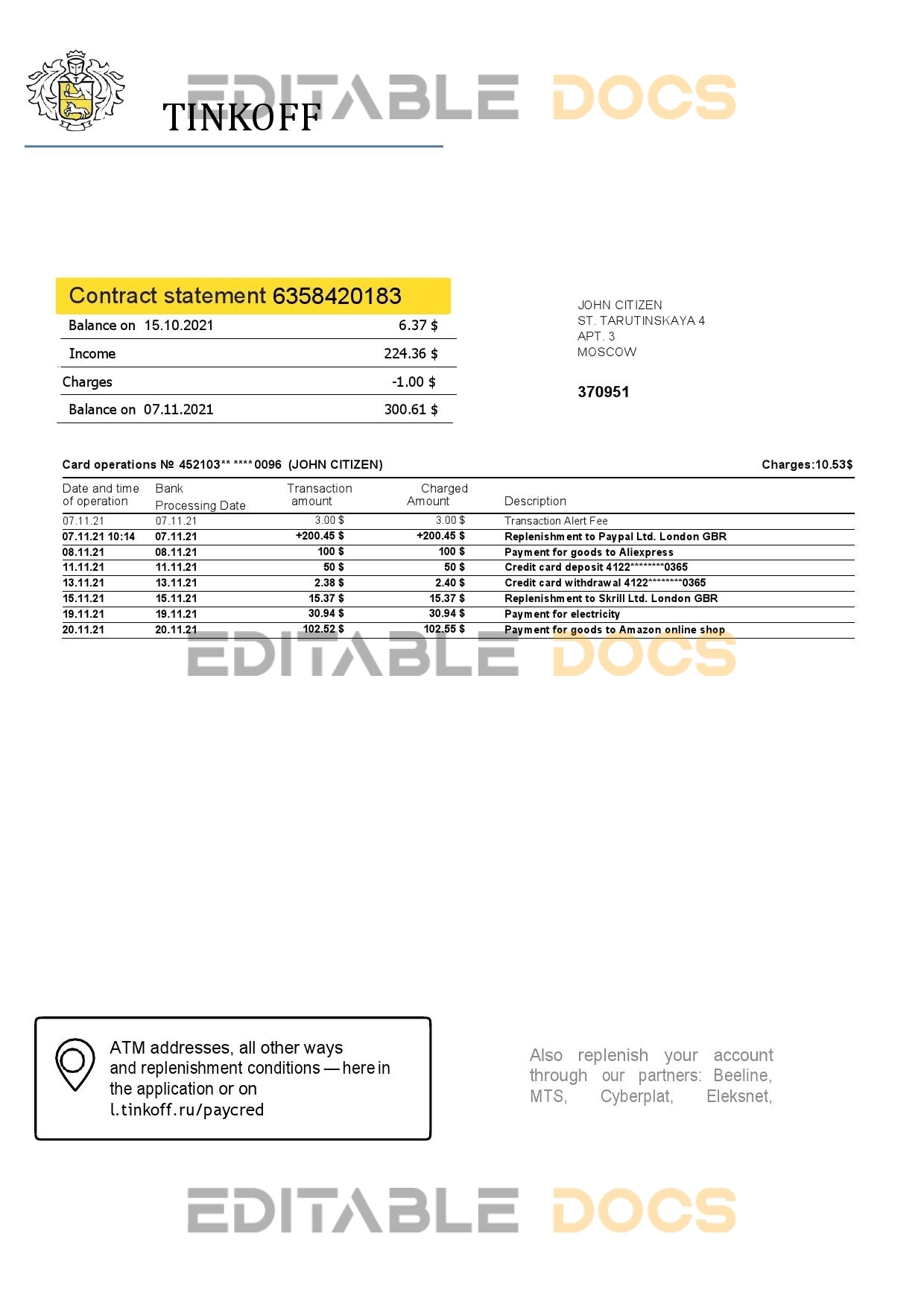 Russia Tinkoff bank proof of address statement (English version) template in Word and PDF format