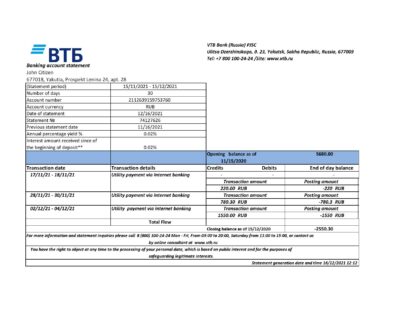 Russia VTB bank statement easy to fill template in .xls and .pdf file format