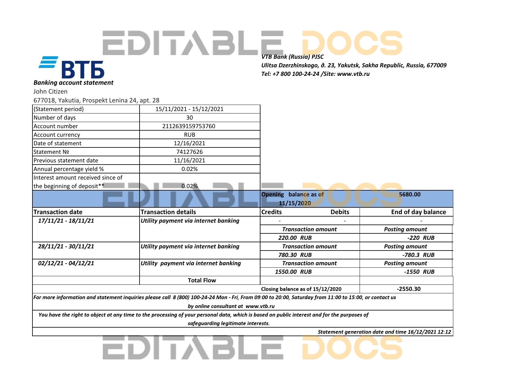 Russia VTB bank statement easy to fill template in .xls and .pdf file format