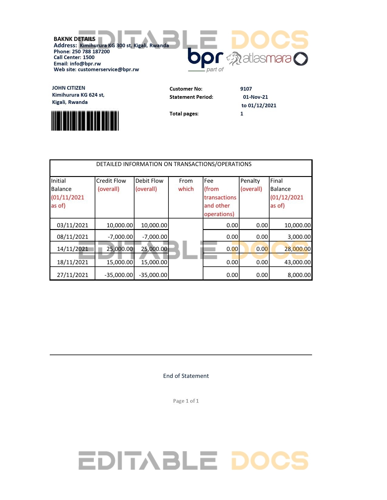 Rwanda BPR bank statement easy to fill template in Excel and PDF format