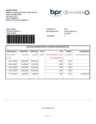 Rwanda BPR bank statement template in Word and PDF format