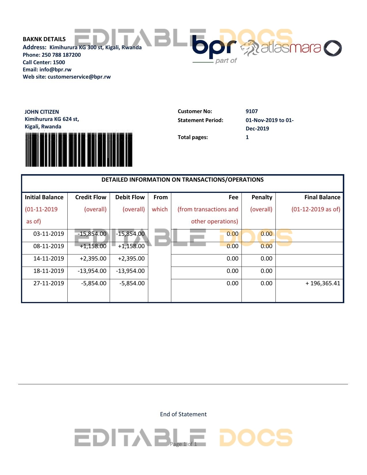 Rwanda BPR bank statement template in Word and PDF format