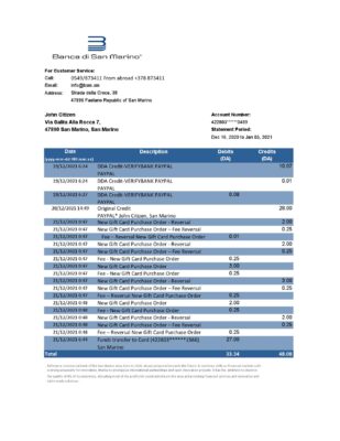 San Marino Banca di San Marino bank statement easy to fill template in Excel and PDF format