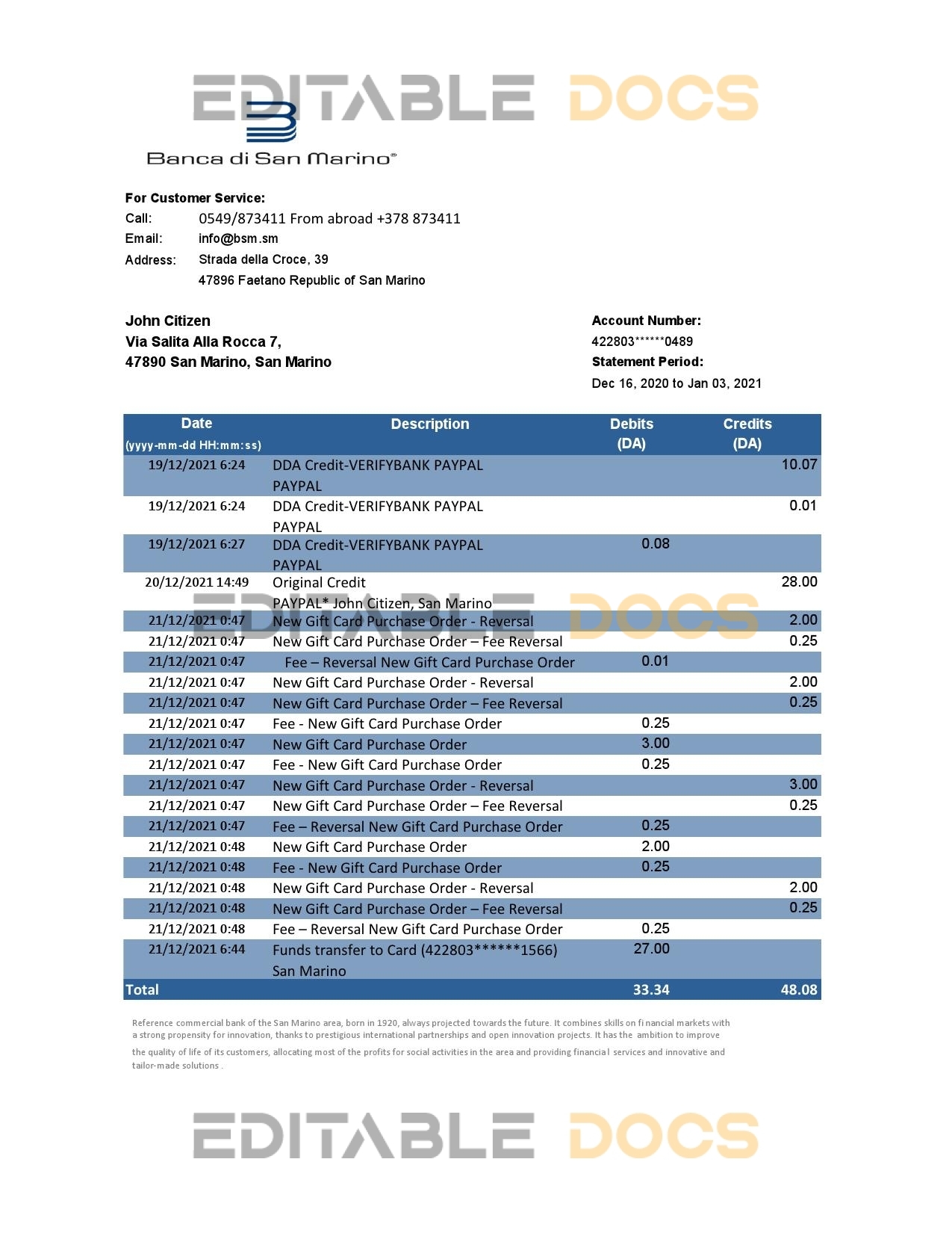 San Marino Banca di San Marino bank statement easy to fill template in Excel and PDF format