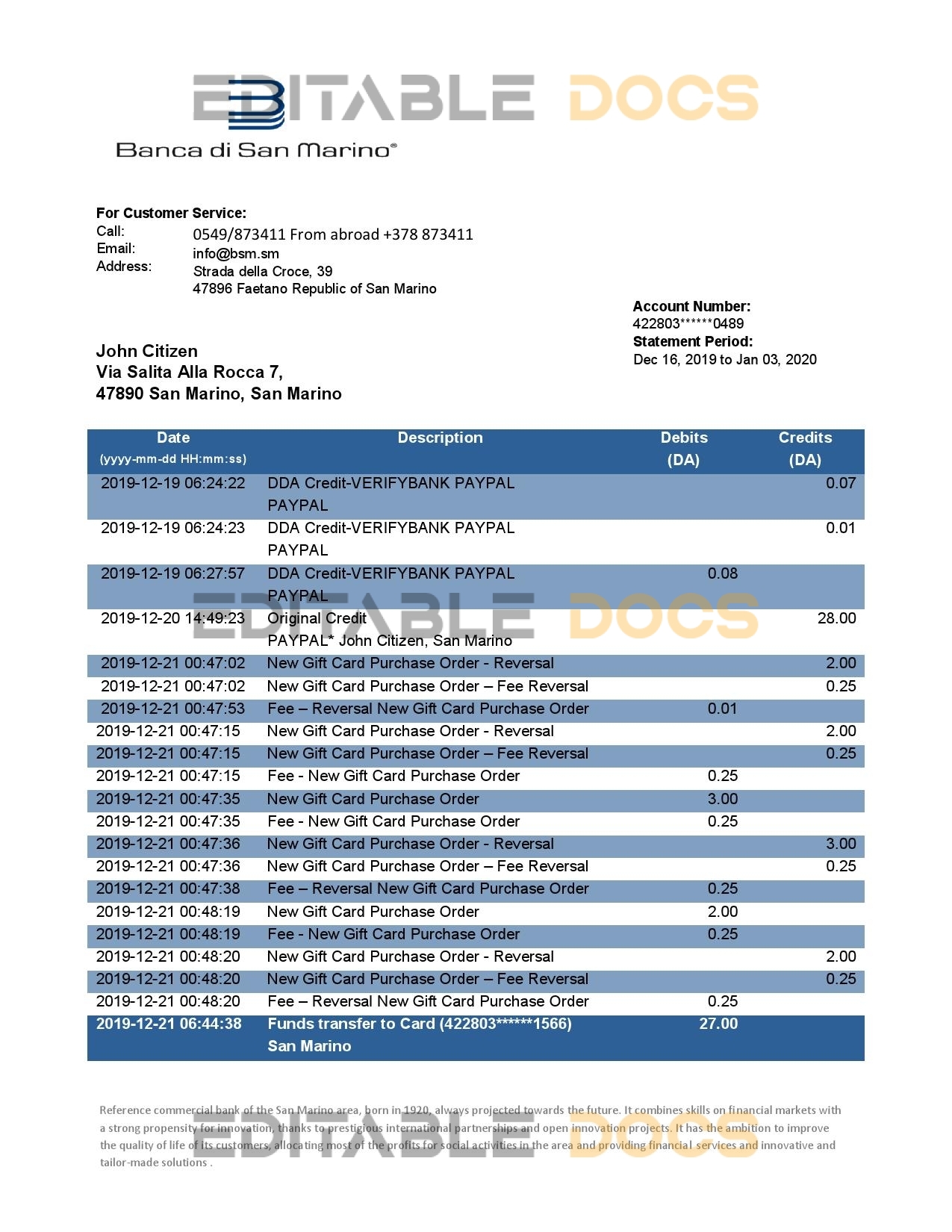 San Marino Banca di San Marino bank statement template, Word and PDF format (.doc and .pdf)