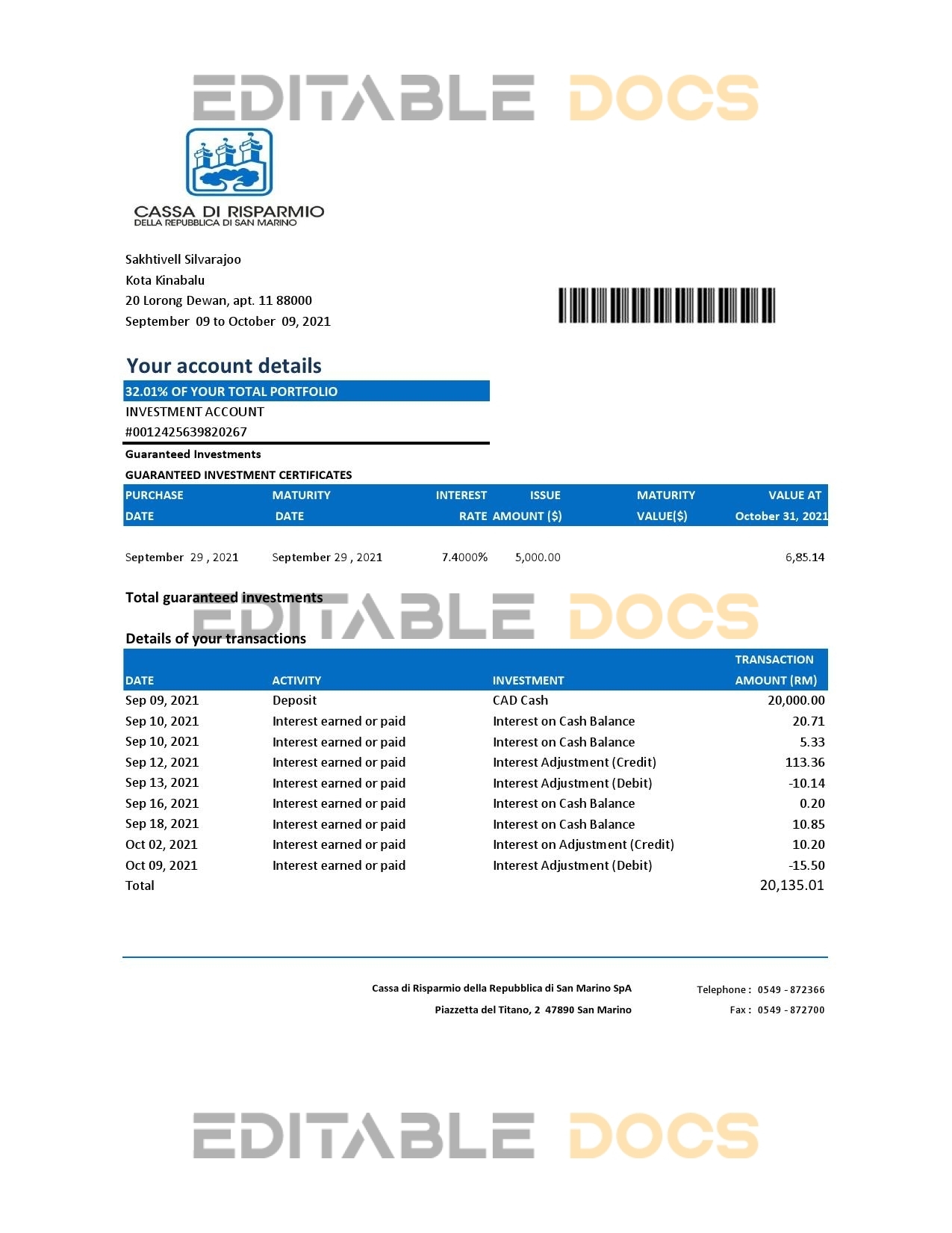 San Marino Cassa di Risparmio bank statement easy to fill template in Excel and PDF format