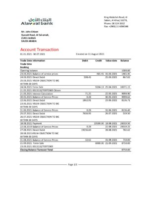 Saudi Arabia Alawwal Bank statement easy to fill template in .xls and .pdf file format