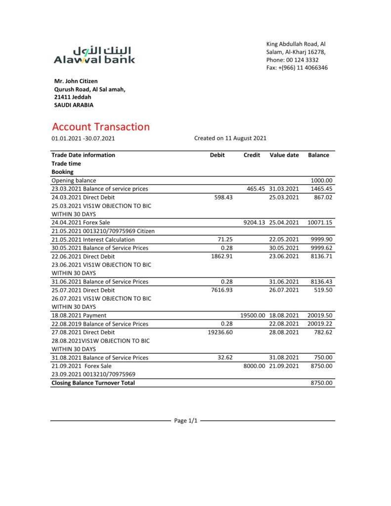 Saudi Arabia Alawwal Bank statement easy to fill template in .xls and .pdf file format