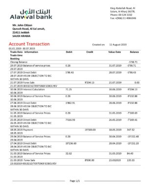 Saudi Arabia Alawwal Bank statement template in Word and PDF format, good for address prove