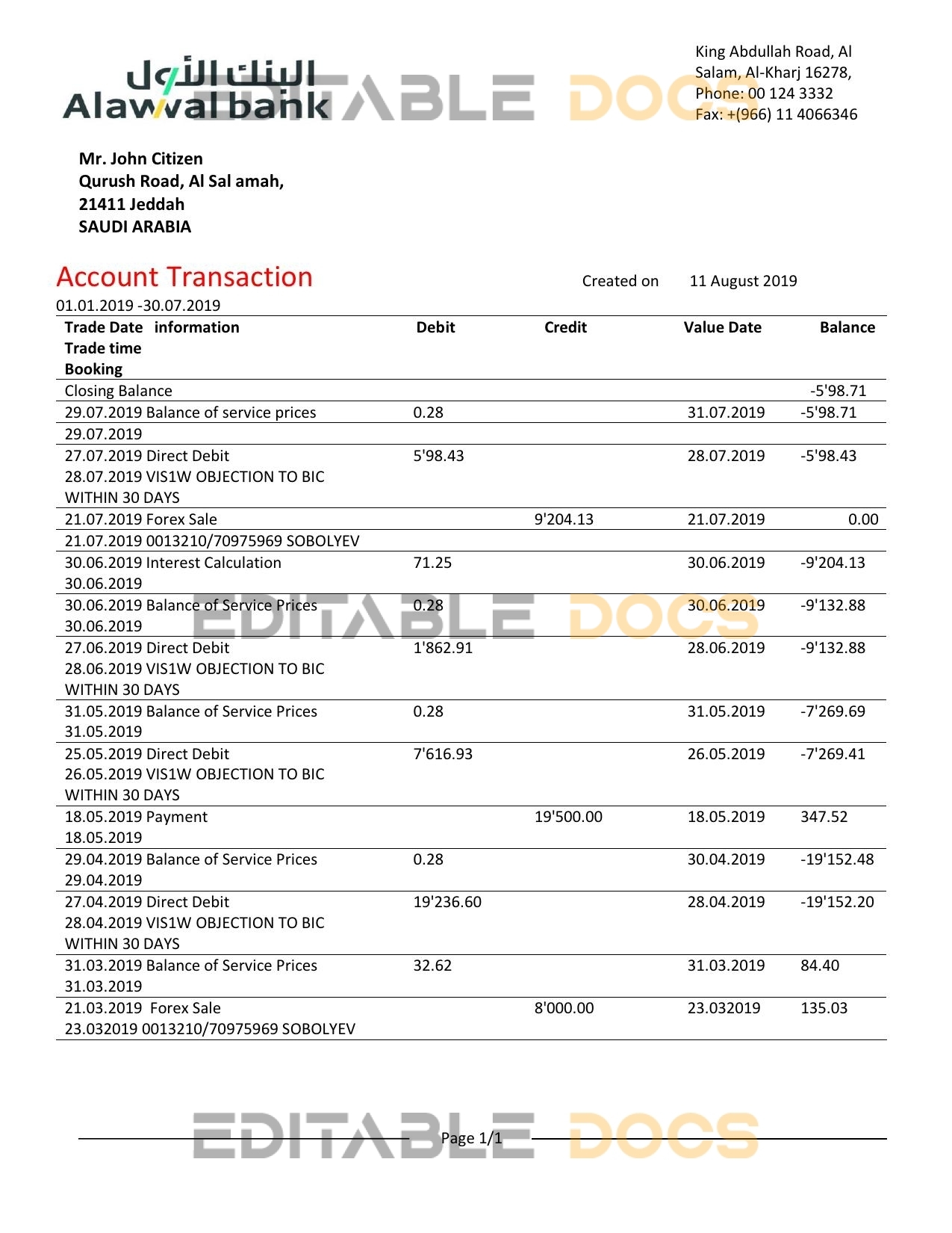 Saudi Arabia Alawwal Bank statement template in Word and PDF format, good for address prove