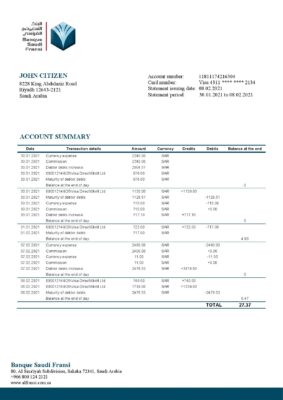 Saudi Arabia Banque Saudi Fransi bank statement template in Word and PDF format, good for address prove