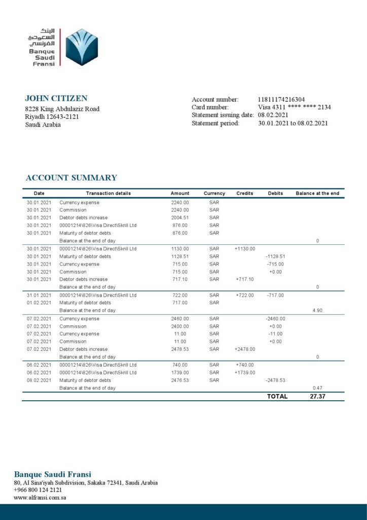 Saudi Arabia Banque Saudi Fransi bank statement template in Word and PDF format, good for address prove