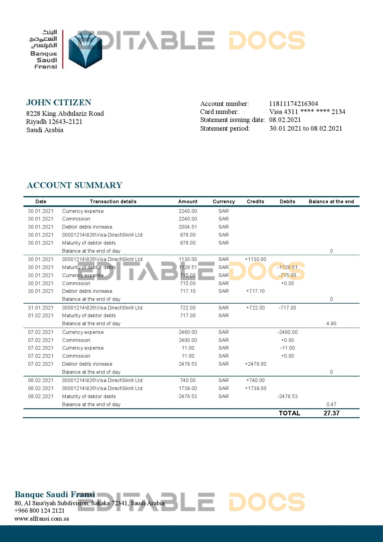 Saudi Arabia Banque Saudi Fransi bank statement template in Word and PDF format, good for address prove
