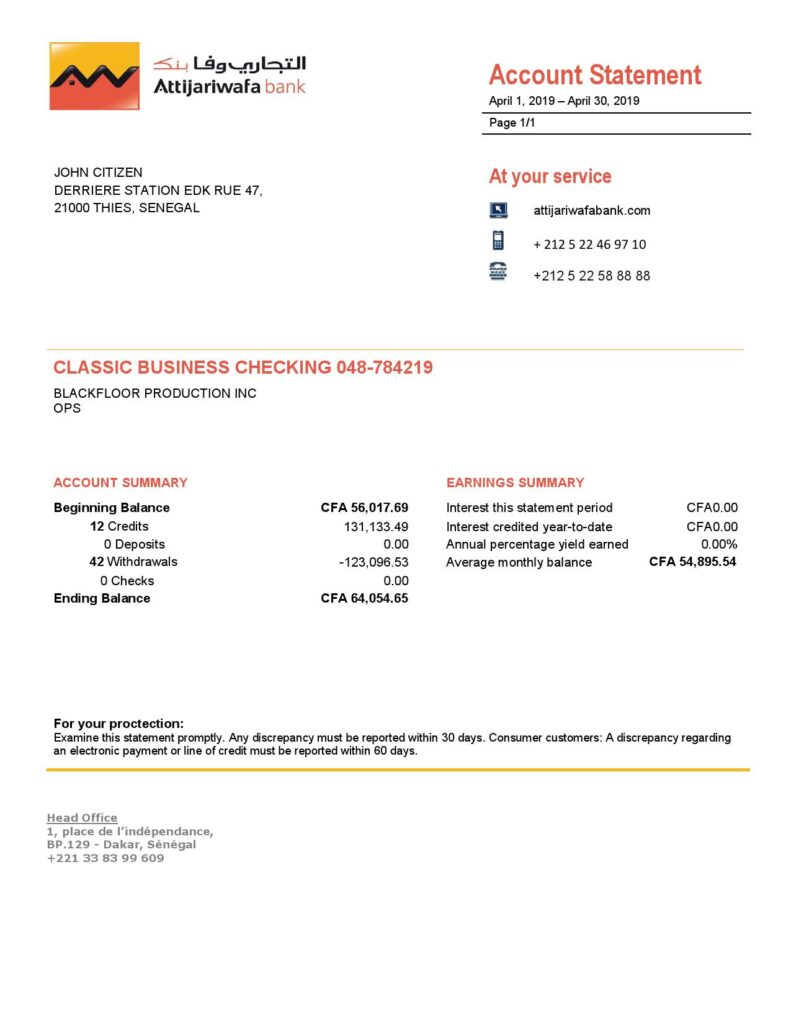 Senegal Attijariwafa Bank proof of address statement template in Word and PDF format