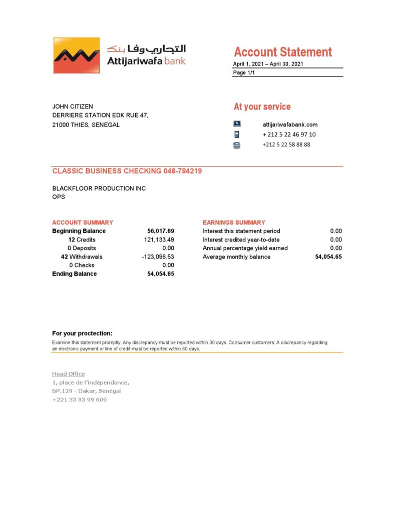 Senegal Attijariwafa Bank statement easy to fill template in Excel and PDF format
