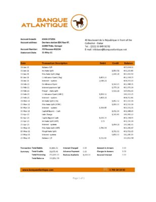 Senegal Banque Atlantique Bank statement easy to fill template in .xls and .pdf file format