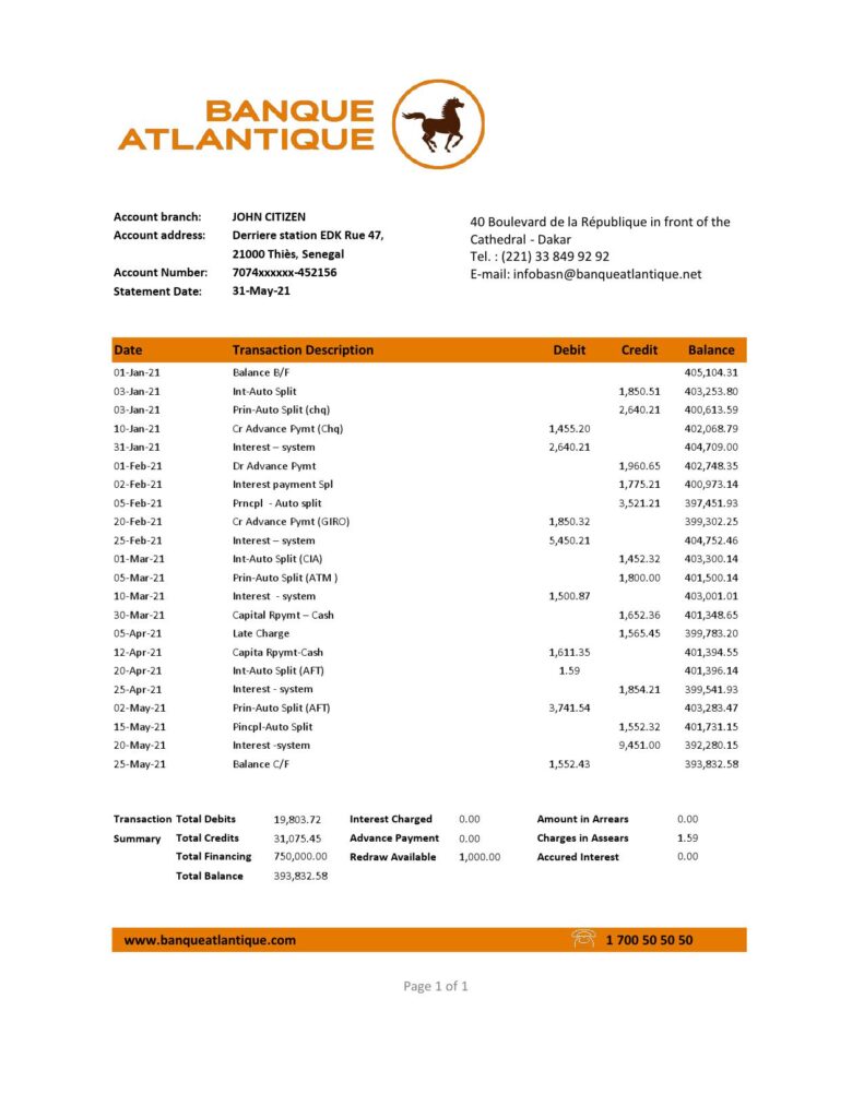 Senegal Banque Atlantique Bank statement easy to fill template in .xls and .pdf file format