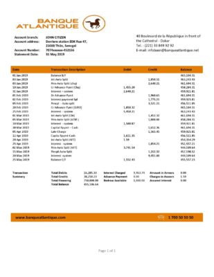 Senegal Banque Atlantique bank statement easy to fill template in Word and PDF format