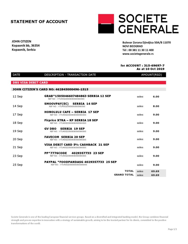 Serbia Societe Generale bank proof of address statement template in Word and PDF format
