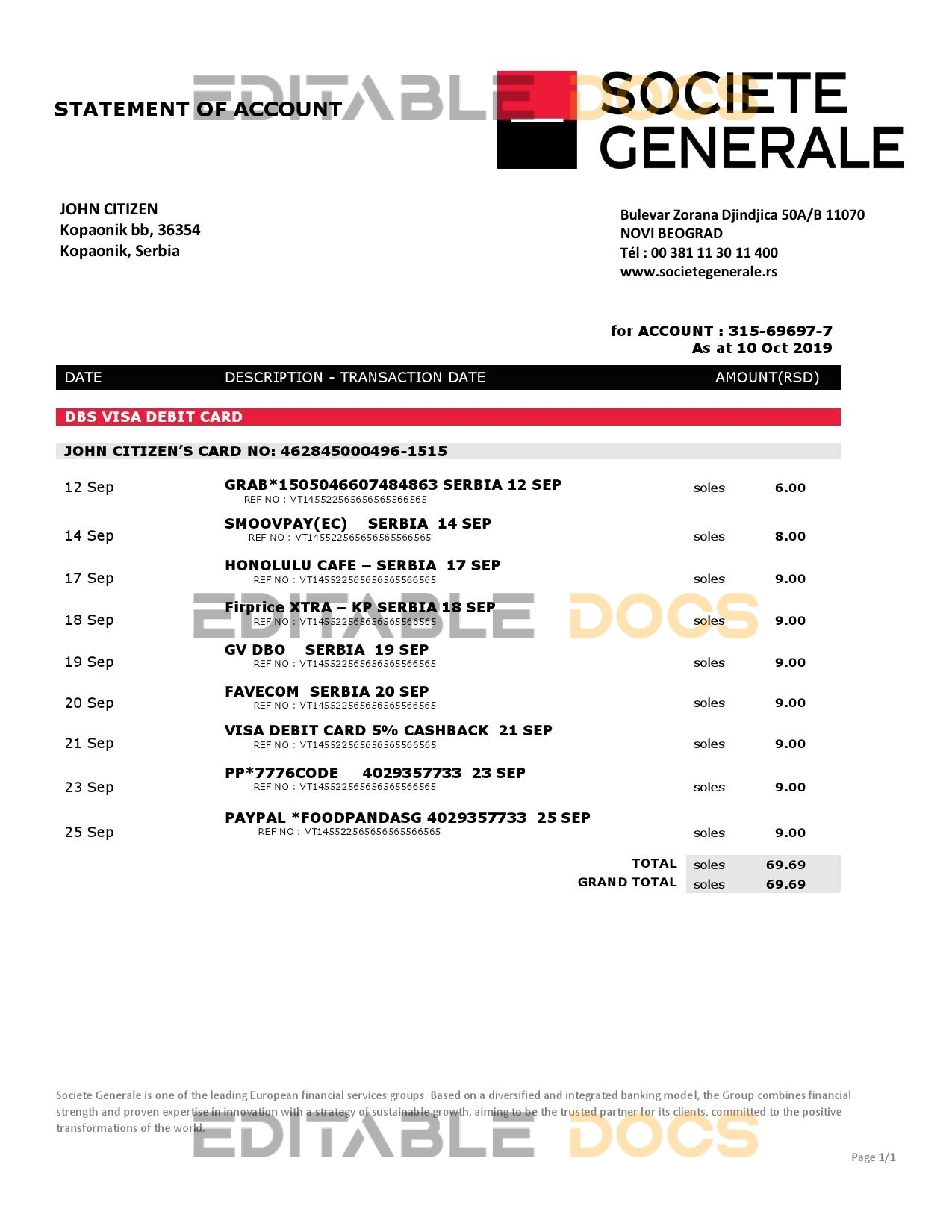 Serbia Societe Generale bank proof of address statement template in Word and PDF format