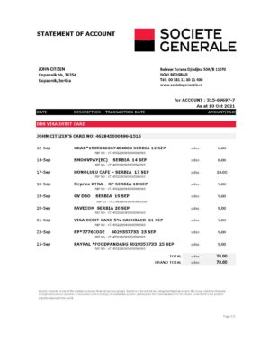 Serbia Societe Generale bank statement easy to fill template in .xls and .pdf format