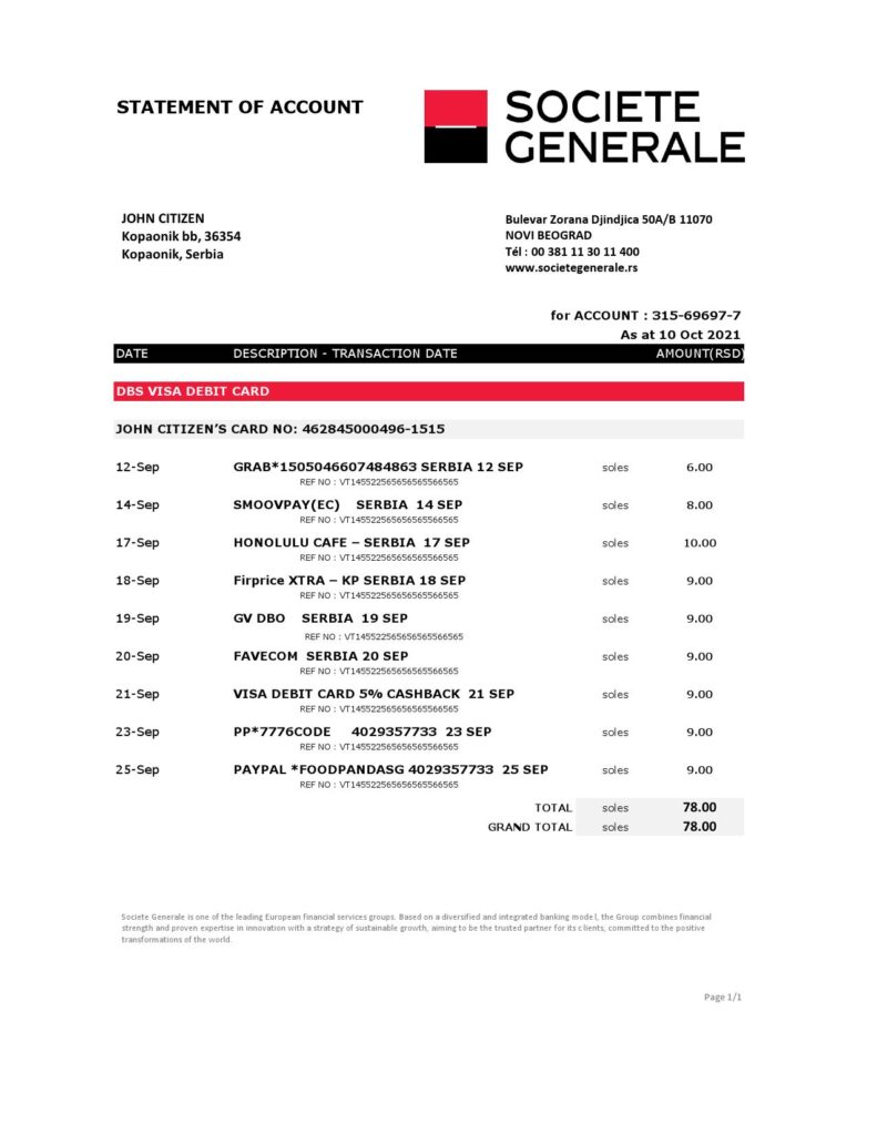 Serbia Societe Generale bank statement easy to fill template in .xls and .pdf format