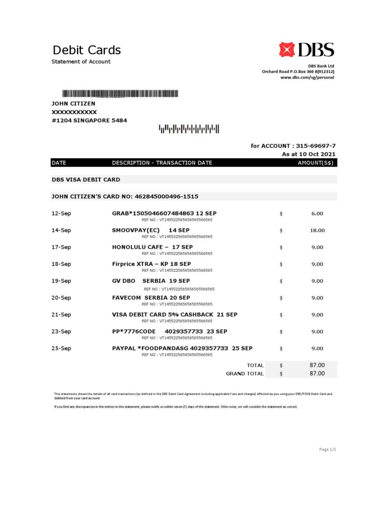 Singapore DBS bank proof of address statement template in .xls and .pdf format