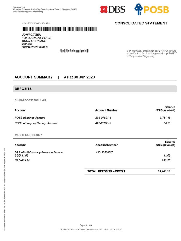 Singapore DBS bank proof of address statement template in Word and PDF format, 4 pages