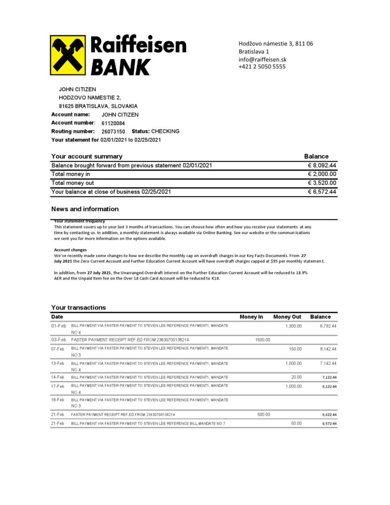 Slovakia Raiffeisen Bank statement easy to fill template in Excel and PDF format