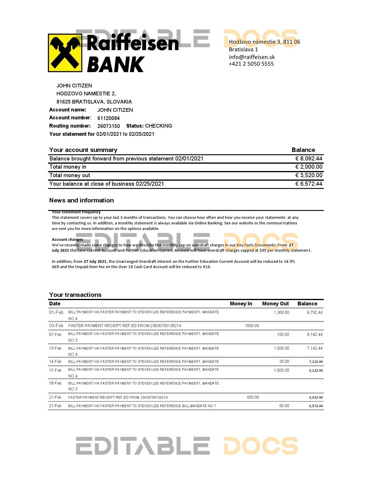 Slovakia Raiffeisen Bank statement easy to fill template in Excel and PDF format
