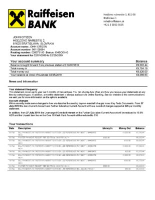 Slovakia Raiffeisen Bank statement template, Word and PDF format (.doc and .pdf)