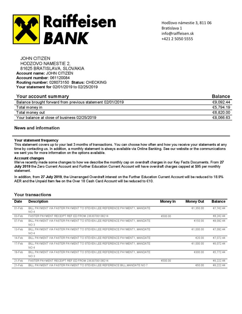 Slovakia Raiffeisen Bank statement template, Word and PDF format (.doc and .pdf)