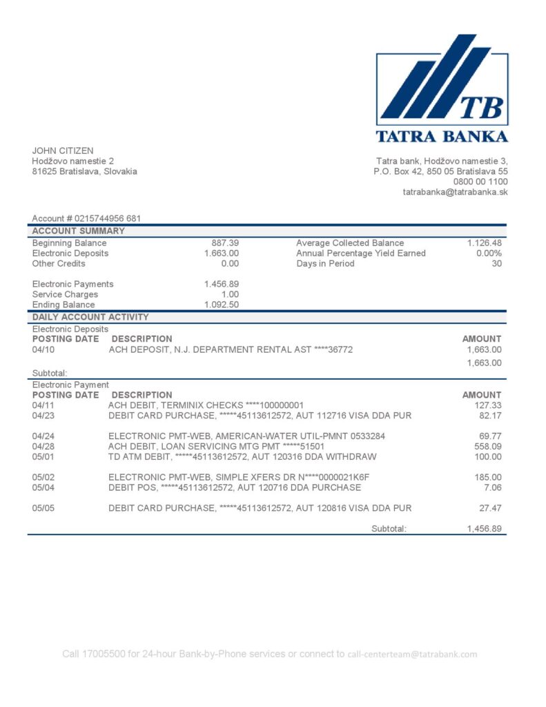 Slovakia Tatra Bank proof of address statement template in Word and PDF format