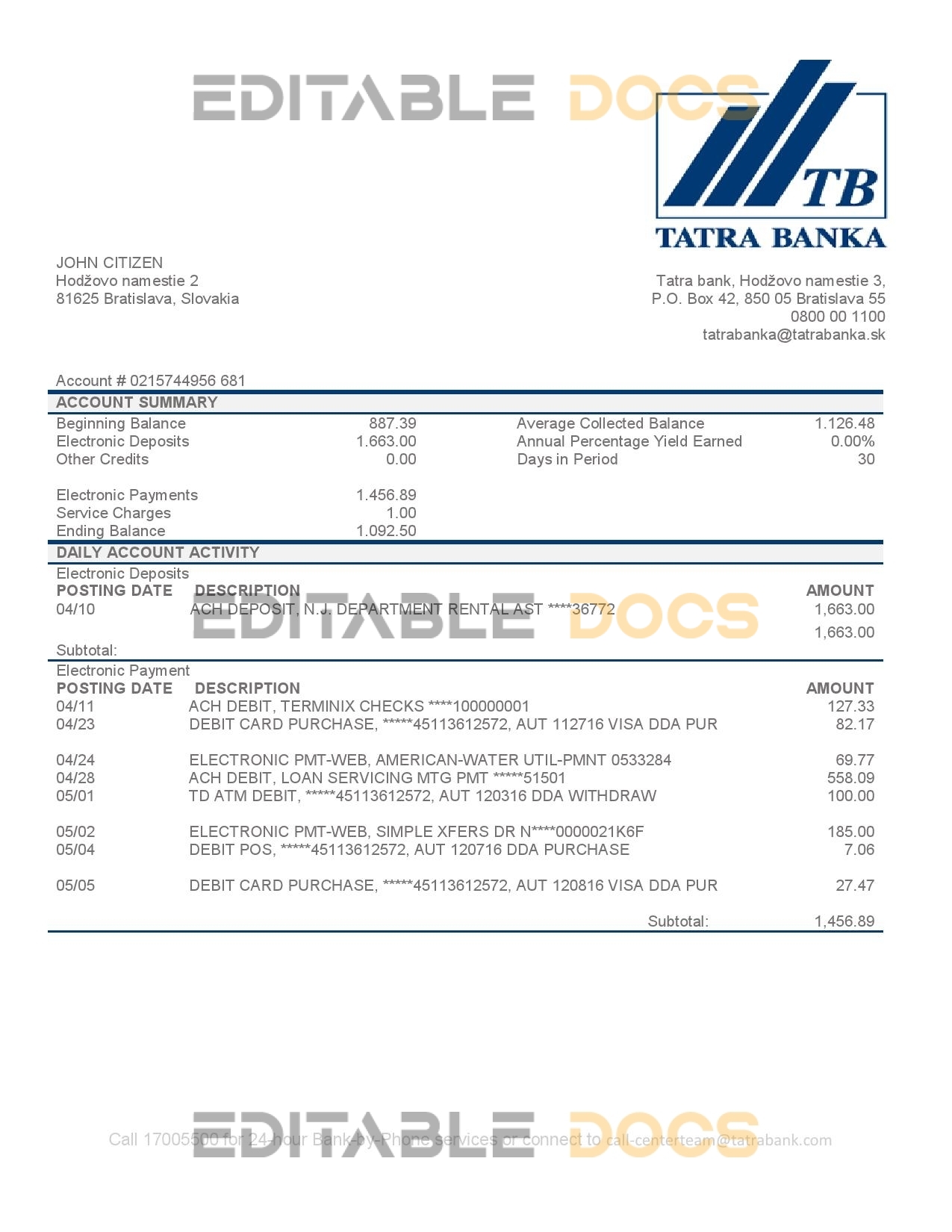 Slovakia Tatra Bank proof of address statement template in Word and PDF format