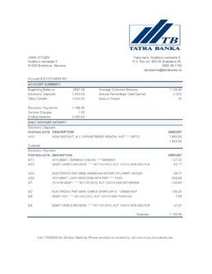 Slovakia Tatra Bank statement easy to fill template in .xls and .pdf file format