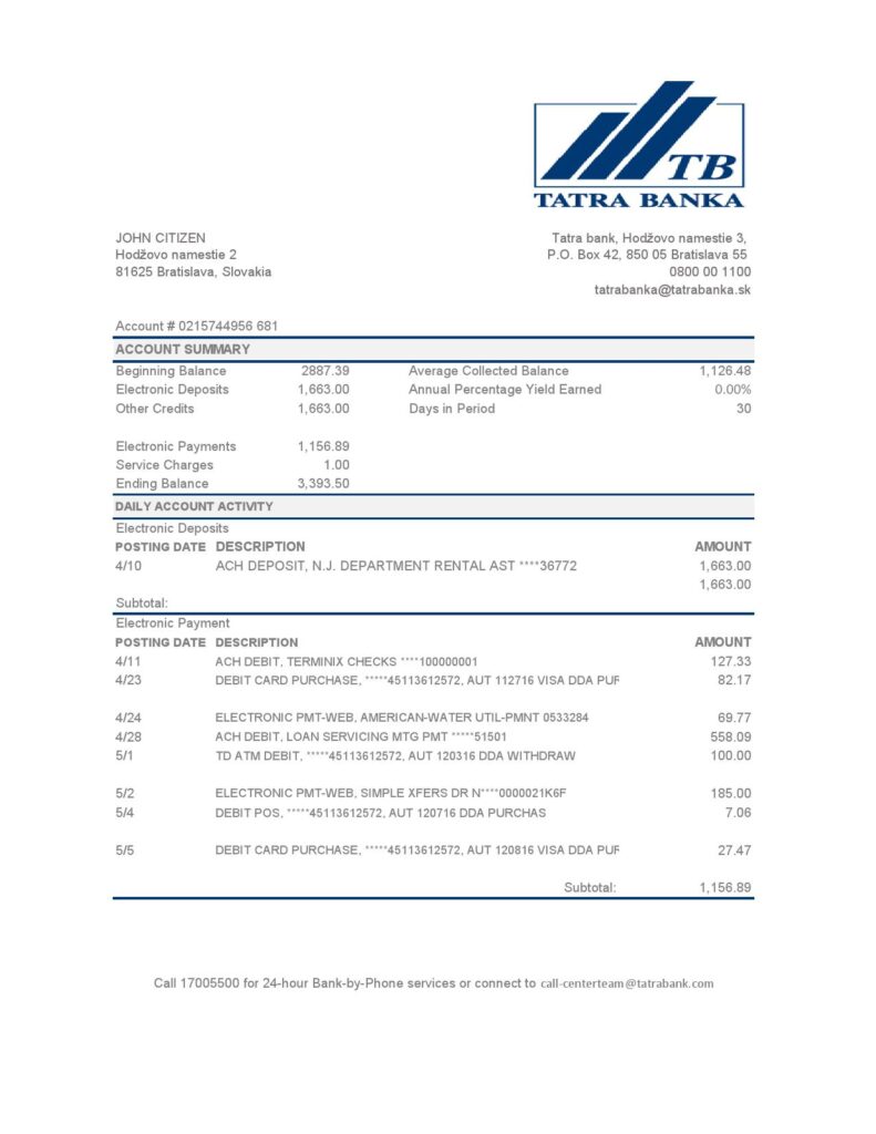 Slovakia Tatra Bank statement easy to fill template in .xls and .pdf file format