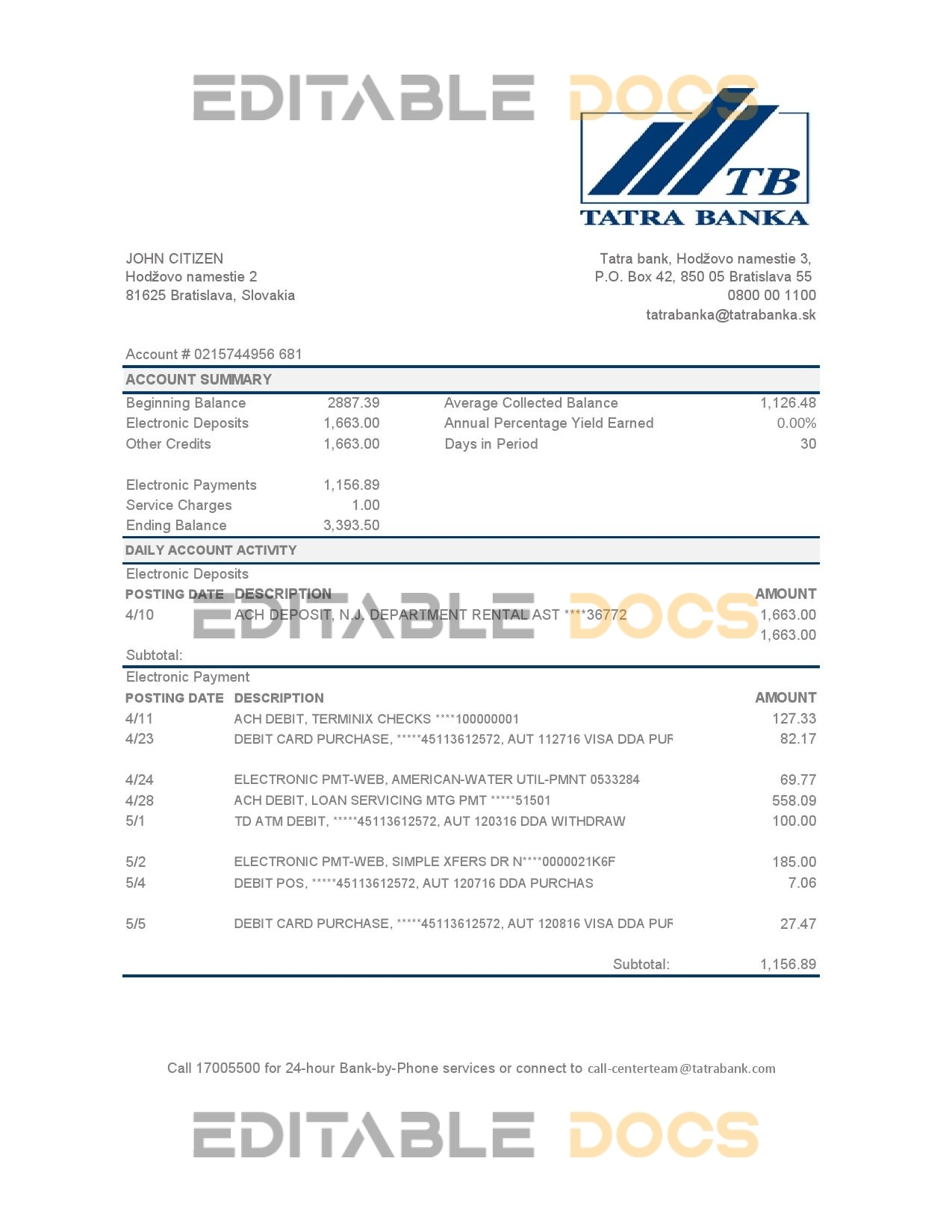 Slovakia Tatra Bank statement easy to fill template in .xls and .pdf file format