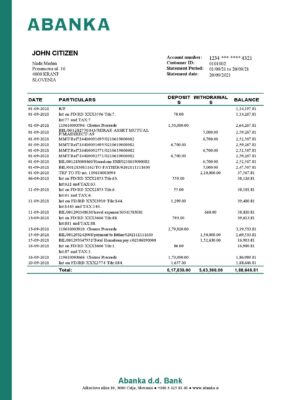 Slovenia Abanka d.d bank statement template in Word and PDF format