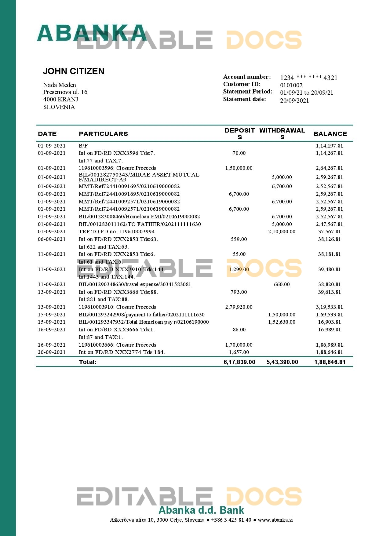Slovenia Abanka d.d bank statement template in Word and PDF format