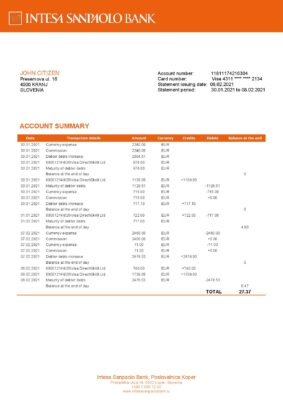 Slovenia Intesa Sanpaolo Bank, Poslovalnica Koper bank statement template in Word and PDF format
