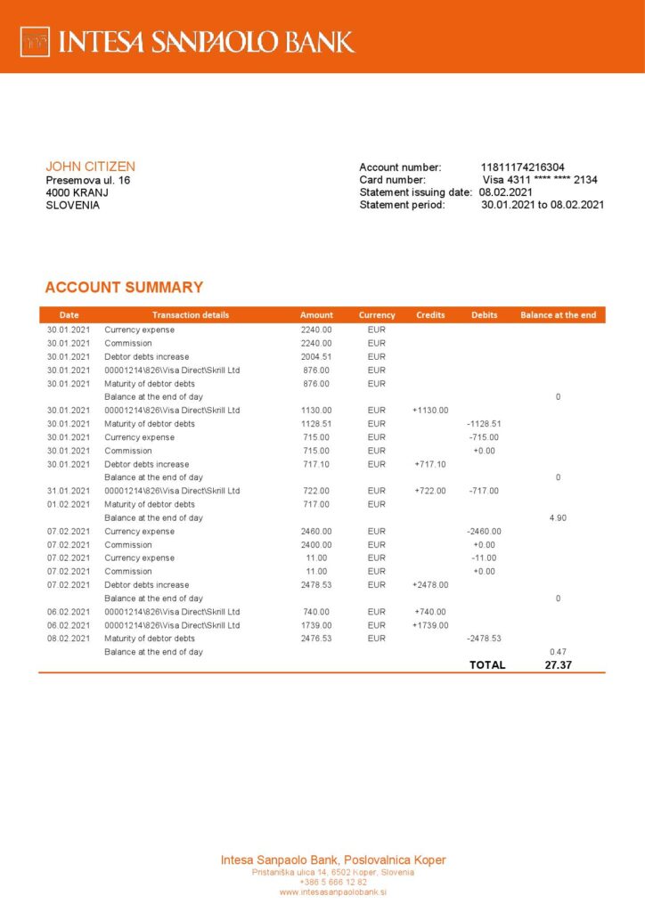 Slovenia Intesa Sanpaolo Bank, Poslovalnica Koper bank statement template in Word and PDF format